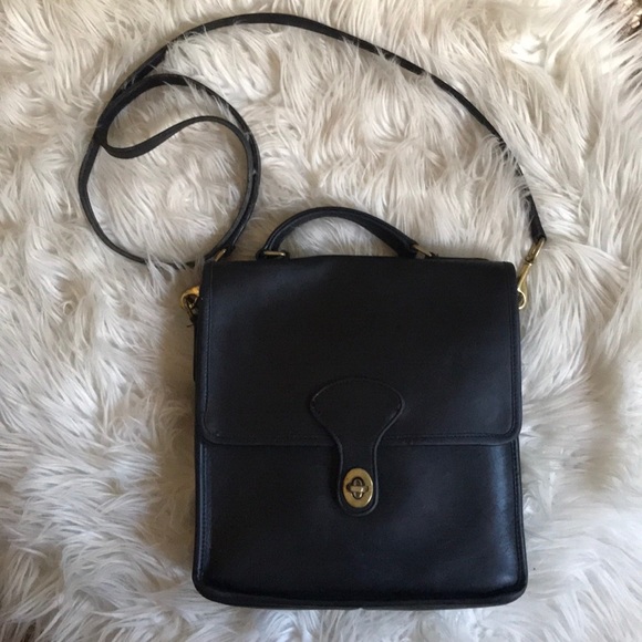 Vintage Handbags - Black leather brass crossbody purse handbag vintag